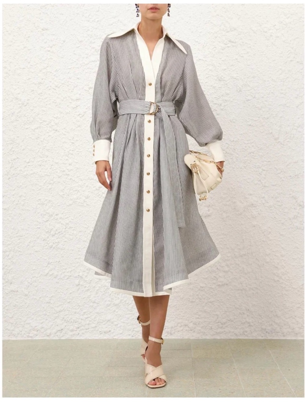 Zimmermann Cream & Gray Striped Midi Shirt Dress with Belt